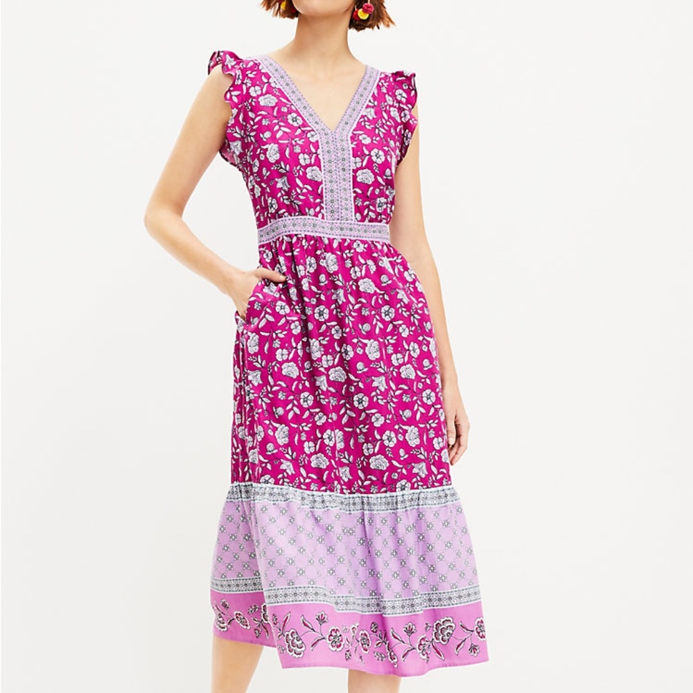 LOFT Border Ruffle Midi Pocket Dress - NWOT